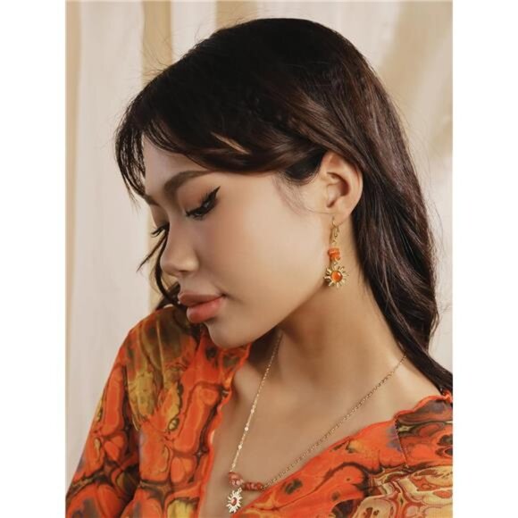 Boho Sunburst Earrings – Natural Stone Statement Earrings in Warm Orange - Picture 2 of 5